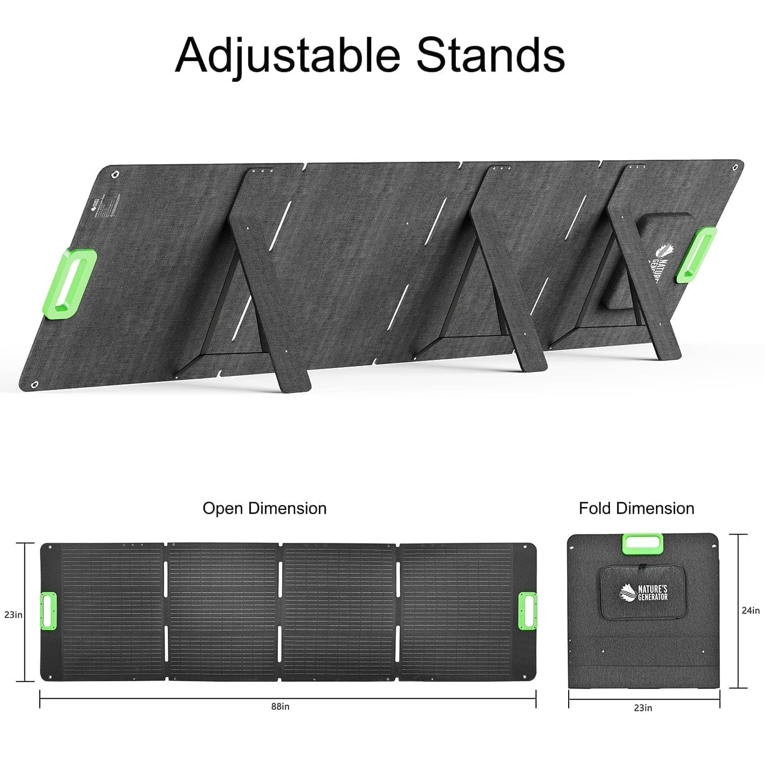 The Nature's Generator foldable solar panel for the Lithium 3600 is shown fully extended (88"x23") and folded (23"x24"), with labeled dimensions and visible green handles. Brand: Nature's Generator.