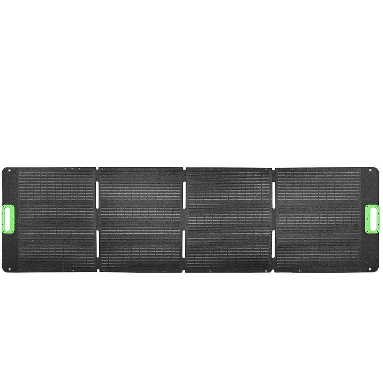 The Nature's Generator four-panel folding solar panel features two green handles on each end and is shown fully opened, laid flat against a white background.