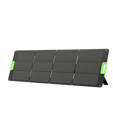The Nature's Generator portable, foldable solar panel features four connected rectangular segments with a grid pattern, two green carrying handles, and is propped up by a kickstand for high-efficiency solar energy on the go.