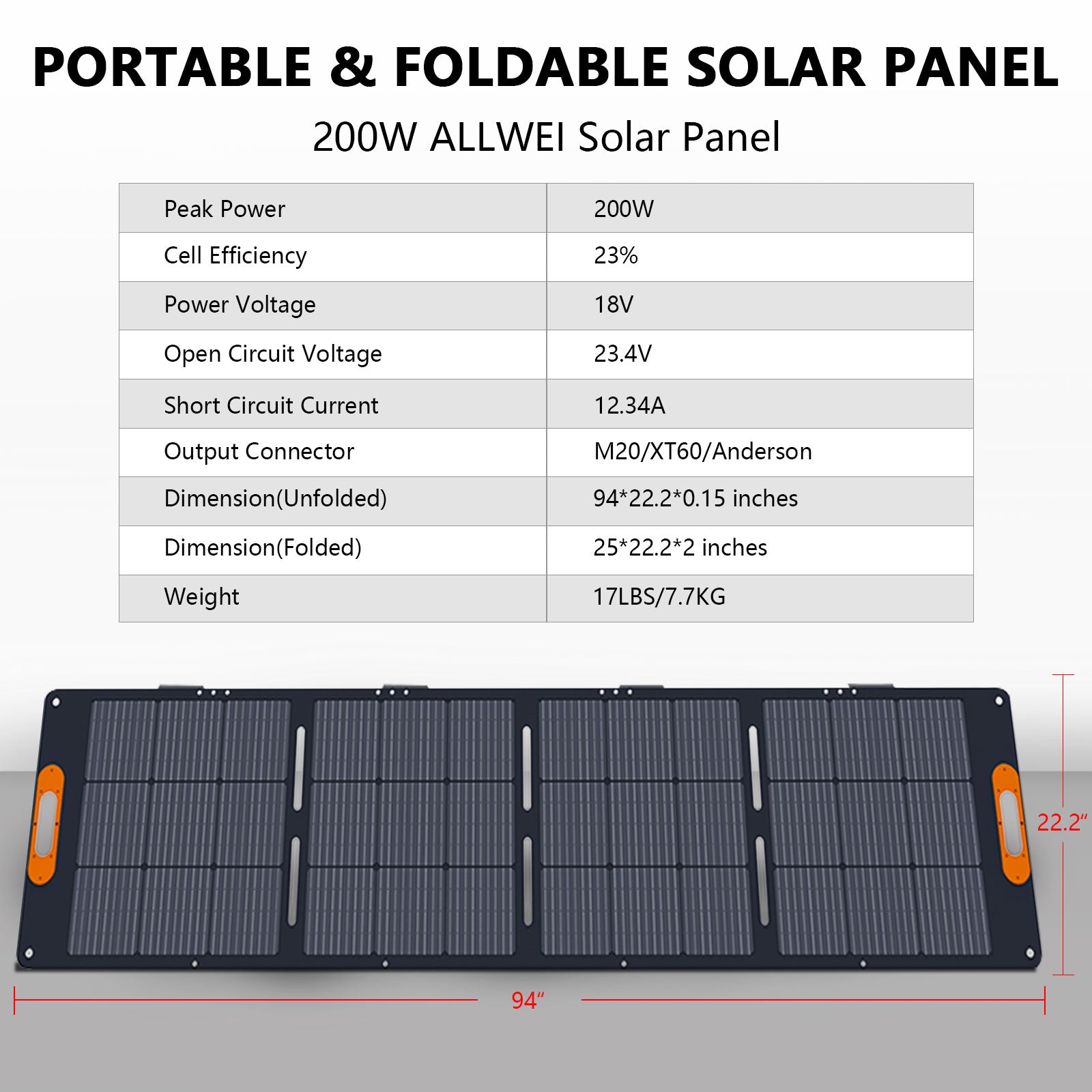 An ALLWEI US black foldable 200W monocrystalline solar panel with orange handles is shown extended. Specs above list 23.2% efficiency and dimensions of 94" x 22.2" unfolded, 25" x 22.2" folded.