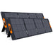 Two large, black ALLWEI US 200W monocrystalline foldable solar panels with orange handles stand in a row on fold-out stands against a white background, offering efficient portable power.