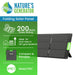 A compact, portable Nature's Generator solar panel with handle is shown. Features include 200W power, IP67 rating, and use for grid-tied or off-grid systems. The "Nature's Generator" logo appears at the top.