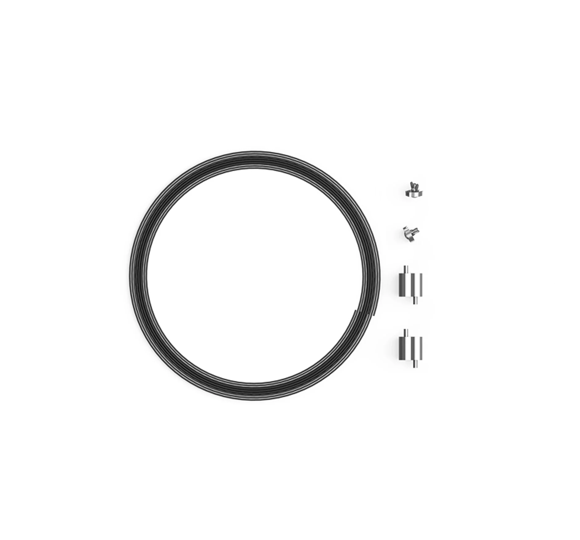 A coiled black cable is arranged in a circle on a white background, often used with a 100W portable solar panel for off-grid living. To the right of the cable, there are two small bolts and two cylindrical metal connectors placed vertically in a neat row.