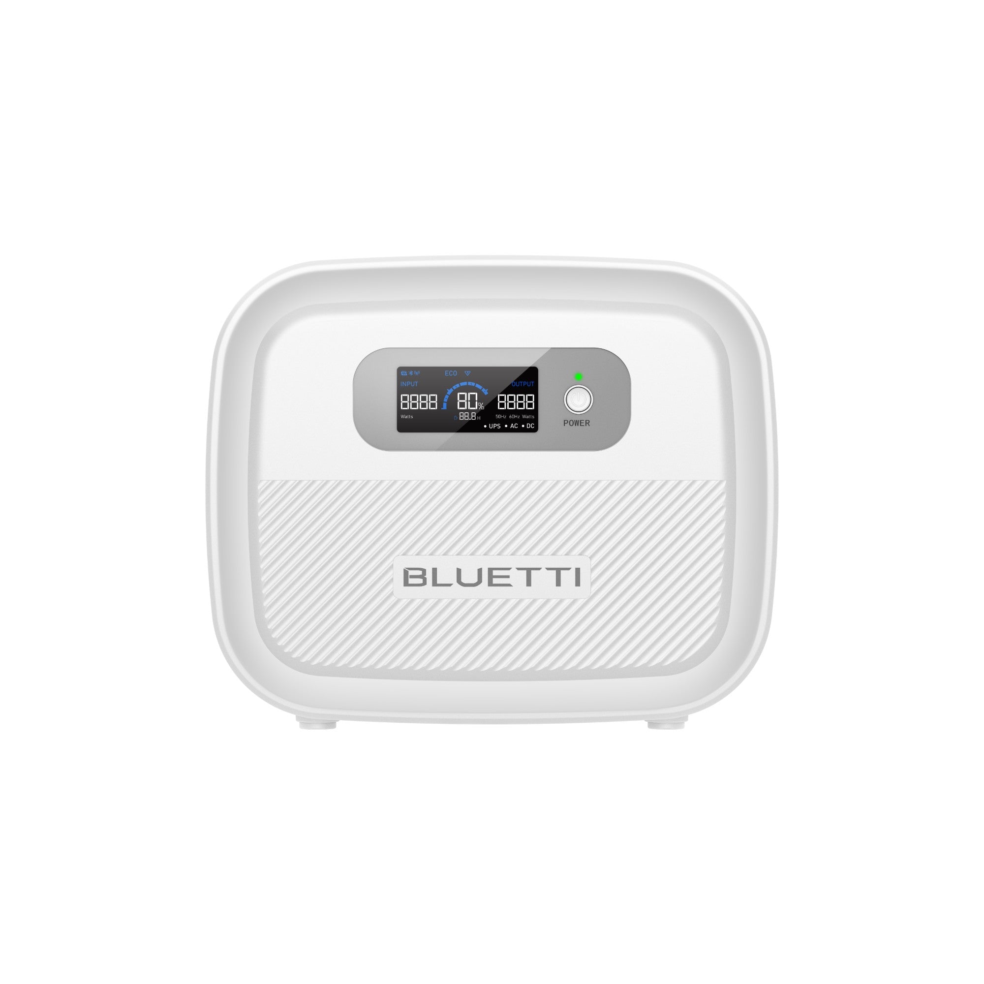 A Bluetti portable power station in white, featuring a digital display, labeled buttons, and a power indicator light on its front panel, is shown against a plain white background.