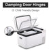 Image of a white box with an open lid, showcasing the damping door hinges mechanism by ICECO Wholesale. Text reads "Damping Door Hinges" and "Child Friendly Design," emphasizing safety. Inset close-up highlights hinge detail, ideal for portable fridges with low energy consumption.