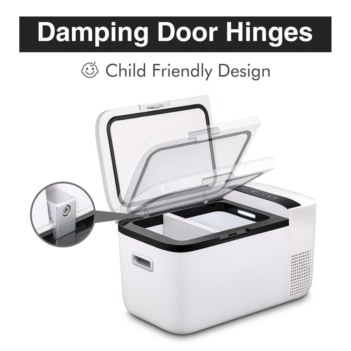 Image of a white ICECO Wholesale cooler with an open lid, featuring a damping door hinge and child-friendly design. A close-up inset highlights the hinge mechanism. Perfect for adventures, it pairs well with the GO20 portable fridge and ensures car battery protection for peace of mind.