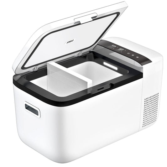 The ICECO Wholesale white portable electric cooler, like a sleek fridge, features an open lid revealing an empty interior with a removable divider. With a digital control panel and side handles for easy transport, it ensures efficient energy consumption for all your adventures.