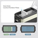 The image displays an ICECO Wholesale portable dual-zone cooler with an SECOP compressor and Bluetooth App Control. The open lid shows a partition separating fridge and freezer sections, while a color-coded diagram below illustrates the cooling range of each compartment.