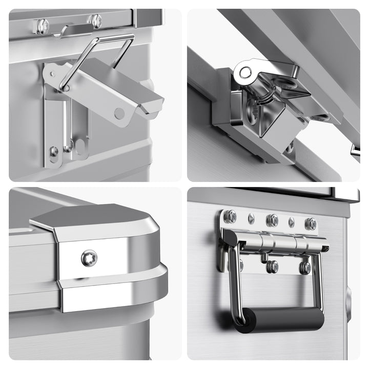 A collage of four images displays the ICECO Wholesale metallic box, featuring a shiny metal latch, hinge, corner reinforcement, and handle. Its precision-engineered design suggests integration with Bluetooth App technology.