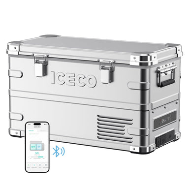 An ICECO Wholesale silver portable cooler showcases a sturdy design with handles and latches. A smartphone beside it displays a Bluetooth app with connectivity options to control the dual-zone freezer settings driven by SECOP compressors.