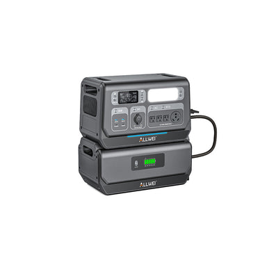The ALLWEI US portable power station is solar compatible and features AC outlets, USB ports, a digital display showing charge levels, and connects to an external LiFePO4 battery pack.