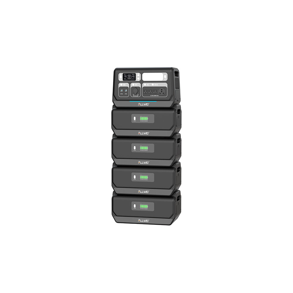 A stack of four black ALLWEI US portable power stations with digital displays and multiple outlets, featuring PPS2400 LiFePO4 battery technology and solar compatibility, topped with a control unit against a white background.