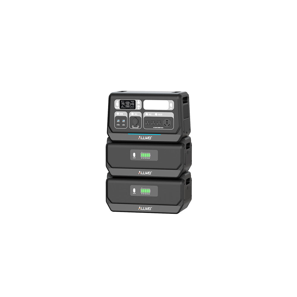 An ALLWEI US PPS2400 black portable power station is stacked on two matching LiFePO4 battery units, with a front panel featuring buttons, outlets, a display screen, and batteries showing bright green charge indicators.