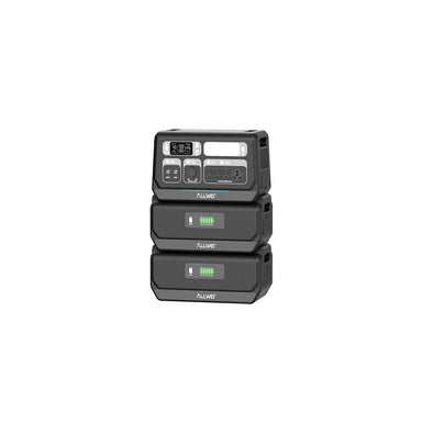 An ALLWEI US PPS2400 black portable power station is stacked on two matching LiFePO4 battery units, with a front panel featuring buttons, outlets, a display screen, and batteries showing bright green charge indicators.