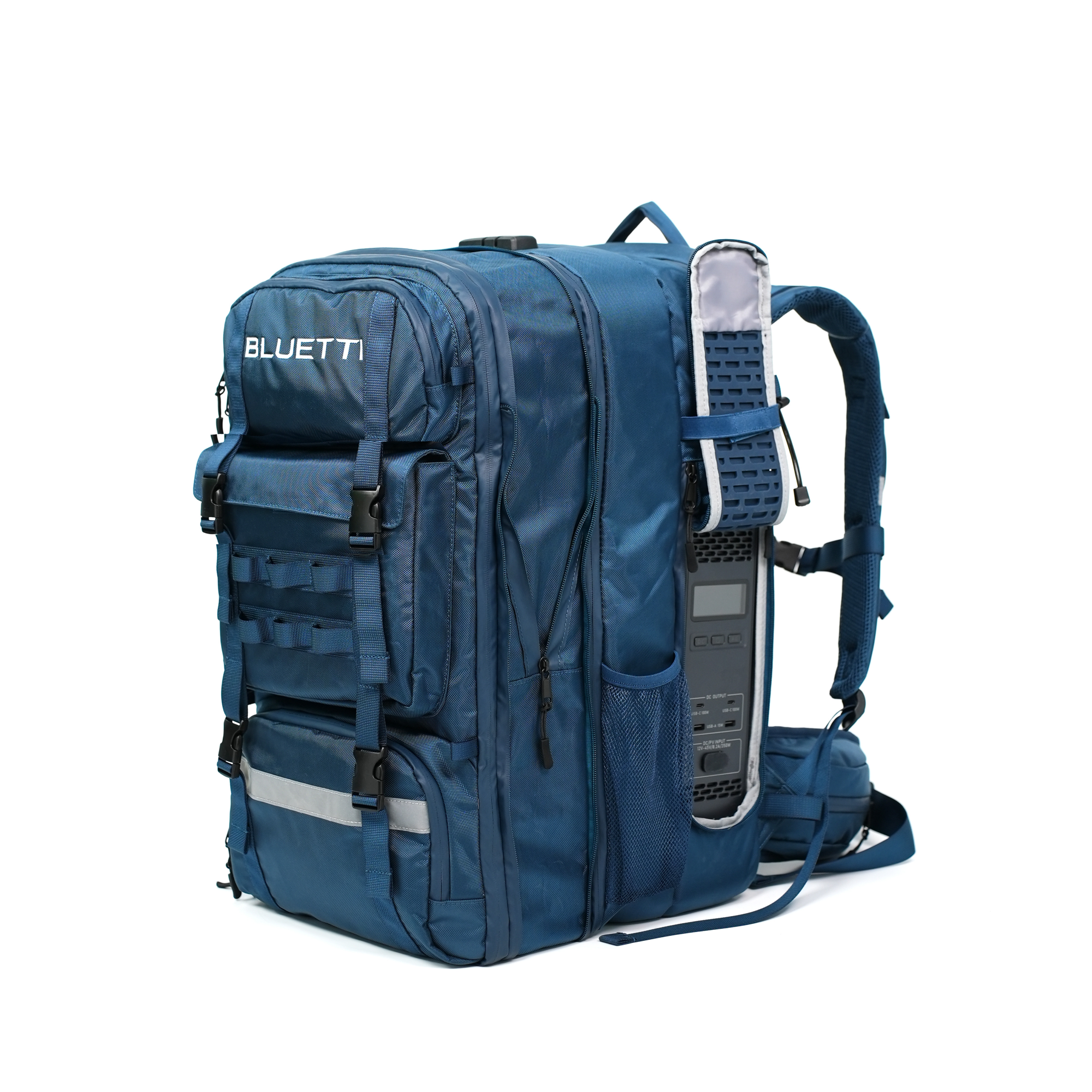 A large blue Bluetti backpack with multiple compartments and straps stands upright on a white background. A portable electronic device featuring a screen and buttons is secured in one of its side pockets.