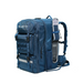 A large blue Bluetti backpack with multiple compartments and straps stands upright on a white background. A portable electronic device featuring a screen and buttons is secured in one of its side pockets.