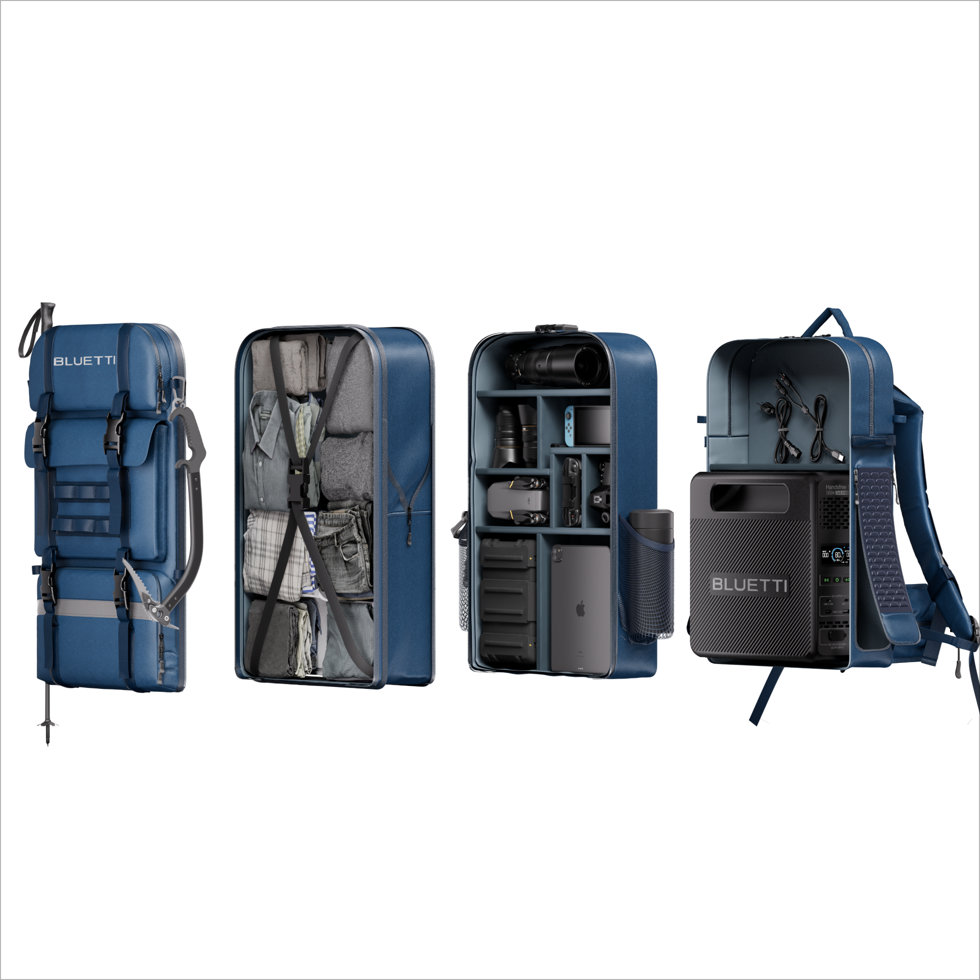 Four views of a blue Bluetti backpack: closed, open with clothing inside, open with gadgets organized, and open displaying a portable power station secured by straps with cables stored in the side pocket.