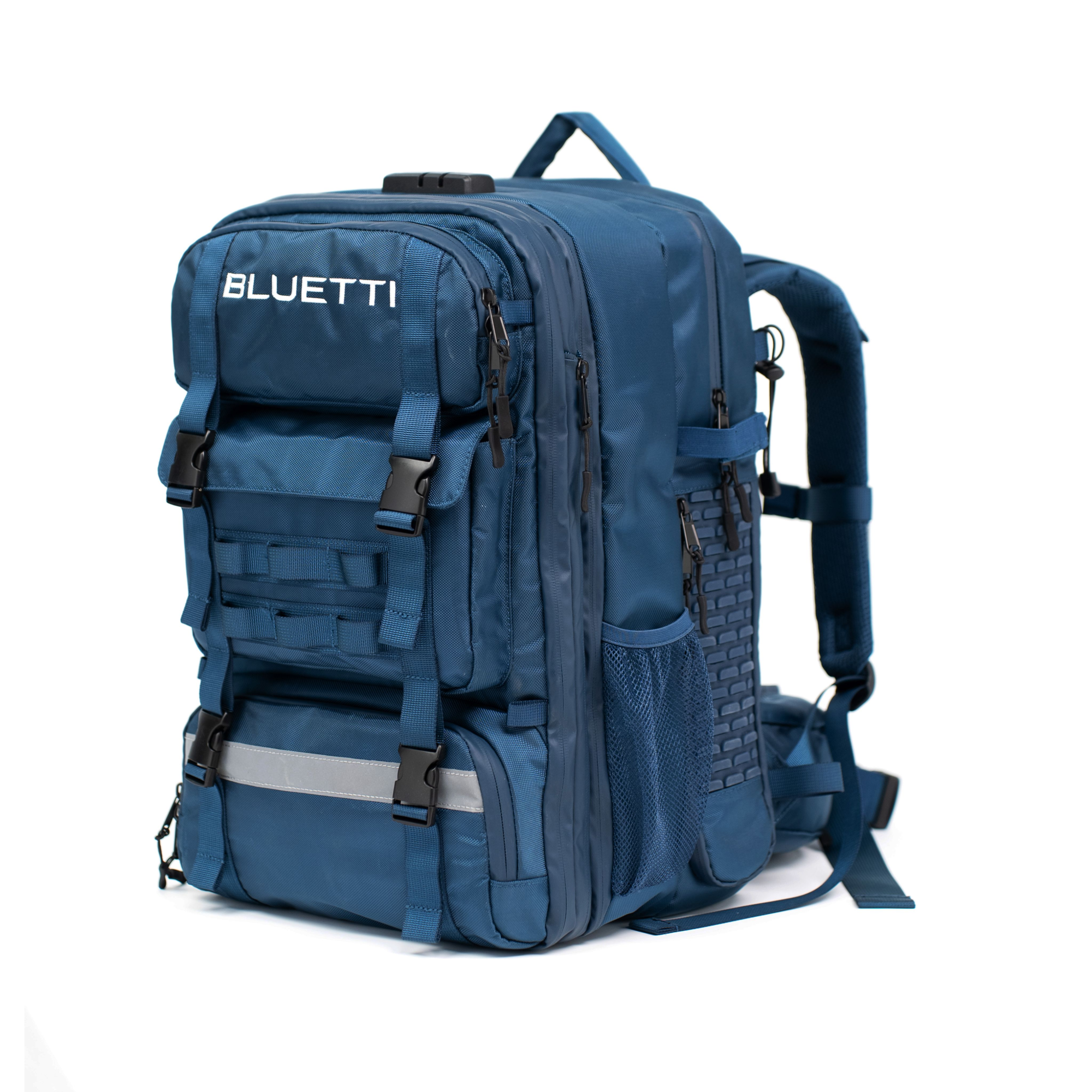 A blue Bluetti backpack featuring multiple compartments, zippers, and side mesh pockets is standing upright on a white background.