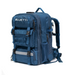 A blue Bluetti backpack featuring multiple compartments, zippers, and side mesh pockets is standing upright on a white background.