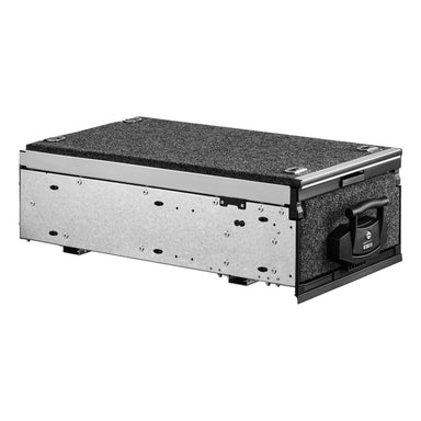 The ICECO Wholesale DS27 Roller Drawer System is a rectangular unit made from galvanized sheet metal, featuring a carpeted top and black handle. It includes a right-side lock, multiple mounting holes for easy installation, and offers robust storage solutions.