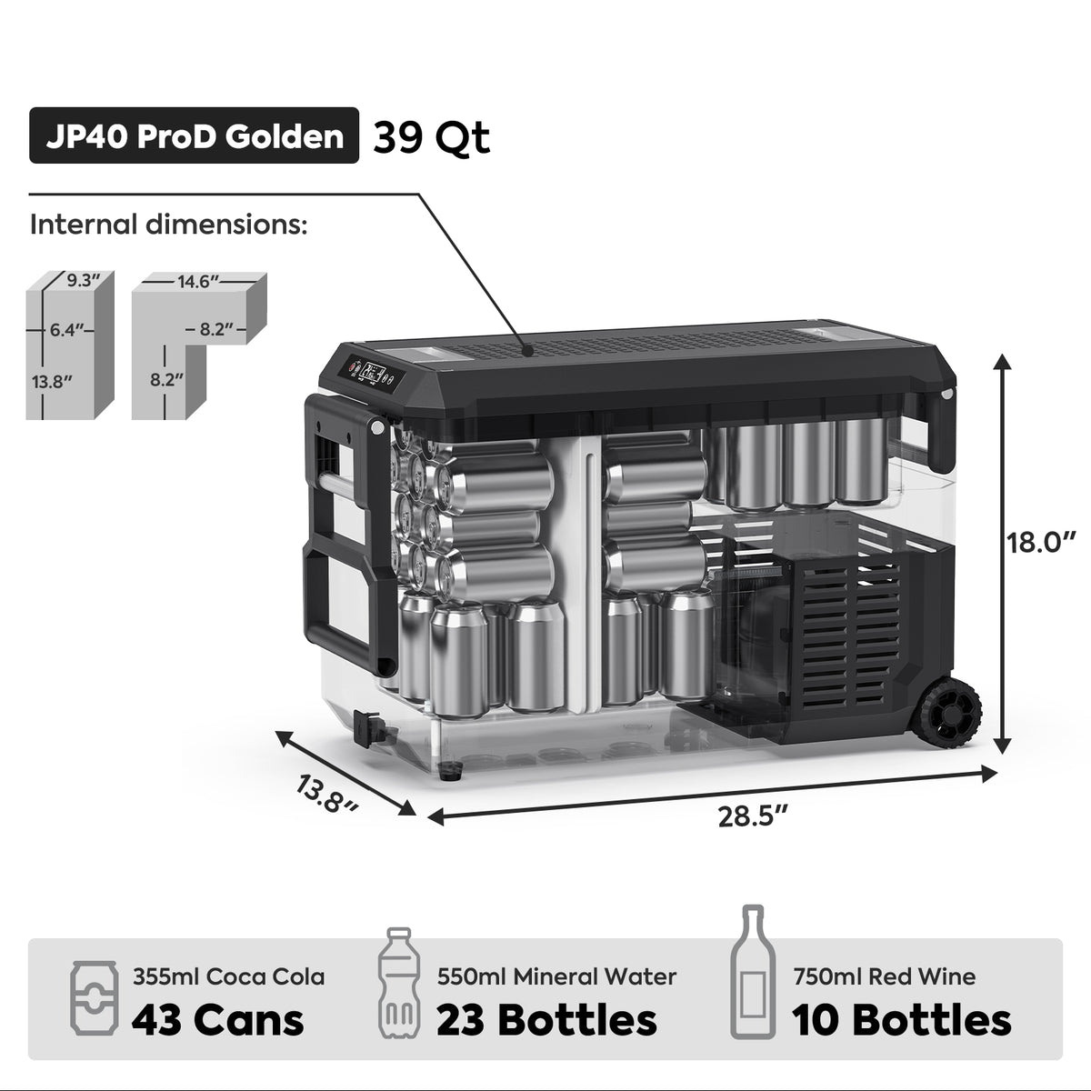 The image features a black ICECO Wholesale JP40 ProD Golden cooler with a portable freezer and transparent section, revealing cans and bottles. It has a 39 Qt capacity, dimensions of 18.0" H x 28.5" W x 14.2" D, fitting up to 43 cans or offering dual zone cooling for drinks.