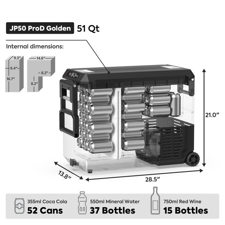 Image of the ICECO Wholesale JP50 ProD Golden cooler, 51 Qt capacity. Holds 52 cans, 37 water bottles, or 15 wine bottles. Features SECOP compressor and Bluetooth App Control for precise settings. Black with wheels and side handle for portability, dimensions labeled.