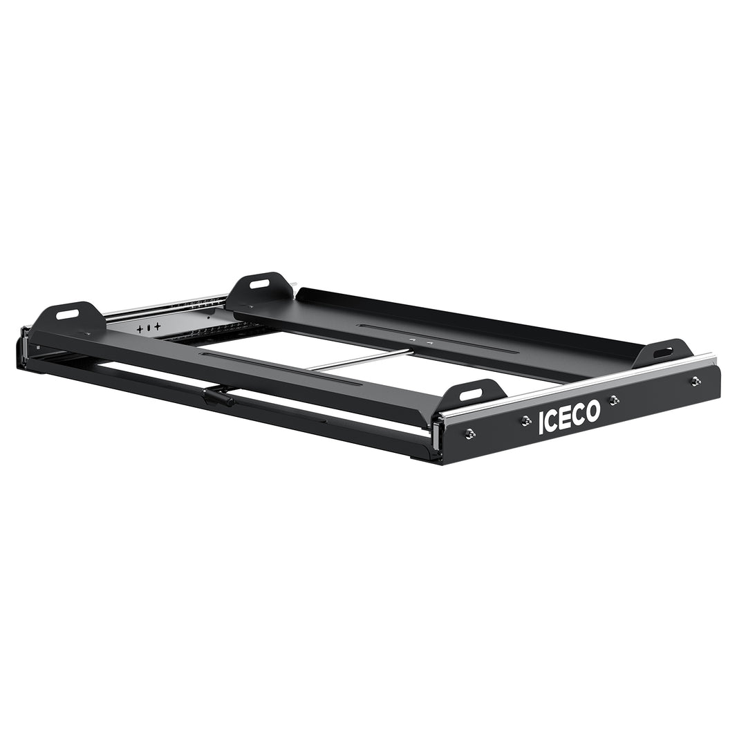 A black metal sliding tray from ICECO Wholesale, designed for mounting portable fridges. It includes side handles and a smooth sliding mechanism for easy access to your ICECO refrigerator.