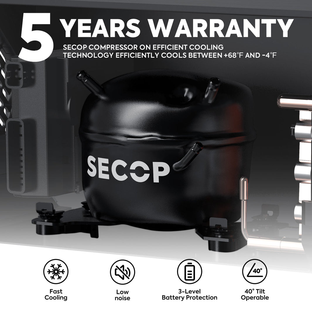 Image of a black ICECO Wholesale Secop compressor for efficient cooling in 12 Volt Freezers. Features include a 5-year warranty, Bluetooth App Control, fast and quiet cooling, 3-level battery protection, and operates up to a 40-degree tilt. Cooling range: +68°F to -4°F.