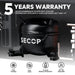 Image of a black ICECO Wholesale Secop compressor for efficient cooling in 12 Volt Freezers. Features include a 5-year warranty, Bluetooth App Control, fast and quiet cooling, 3-level battery protection, and operates up to a 40-degree tilt. Cooling range: +68°F to -4°F.