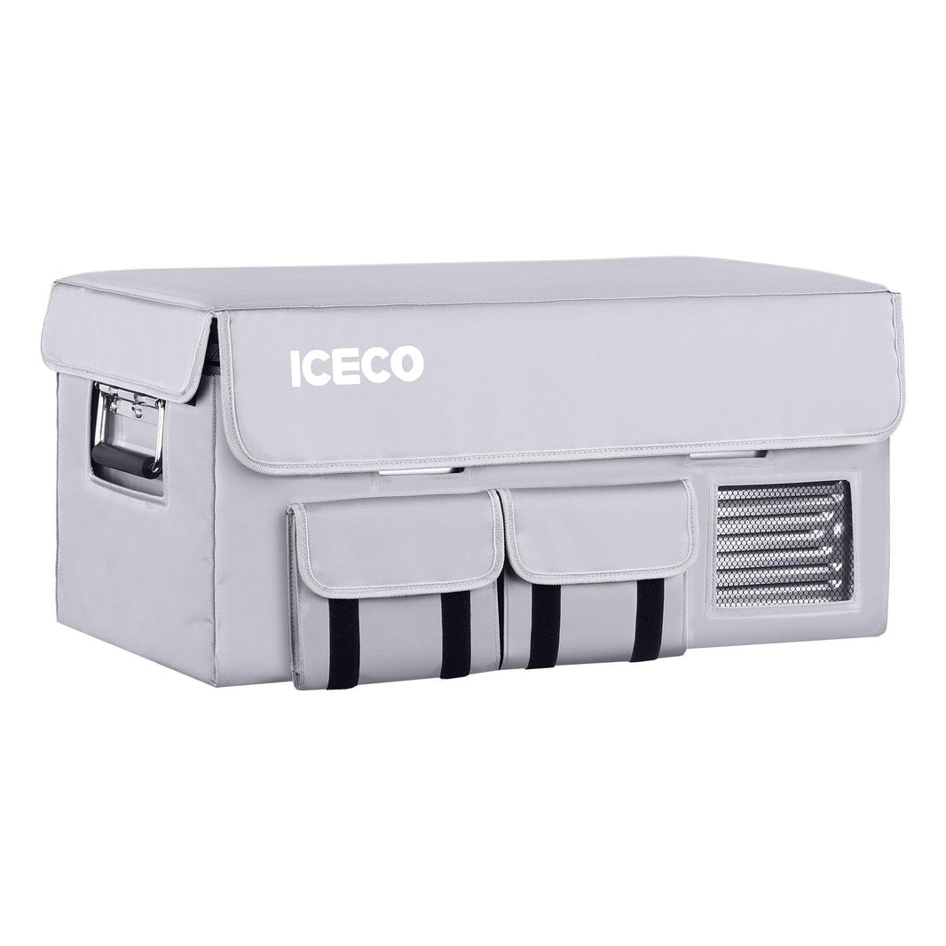 The ICECO APL20 Portable Refrigerator, featuring a gray insulated protective cover, showcases the brand "ICECO Wholesale" prominently. It includes multiple external pockets, a side handle, and a ventilated panel for optimal thermal protection.