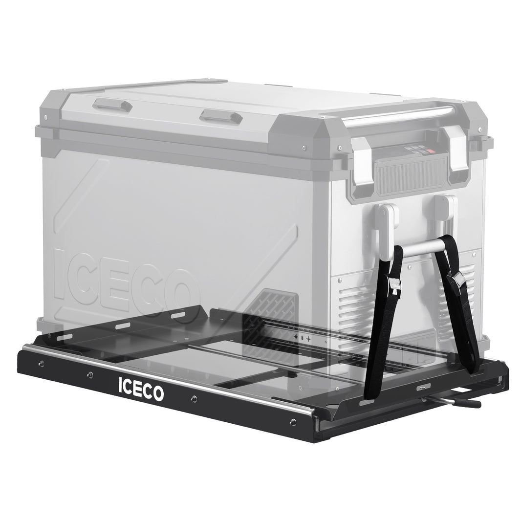 The image showcases a gray ICECO Wholesale cooler with a detachable black sliding tray made of heavy-duty steel. The APL55/VL60PRO Mounting Slide tray is partially extended, highlighting its smooth sliding feature for easy access and portability.