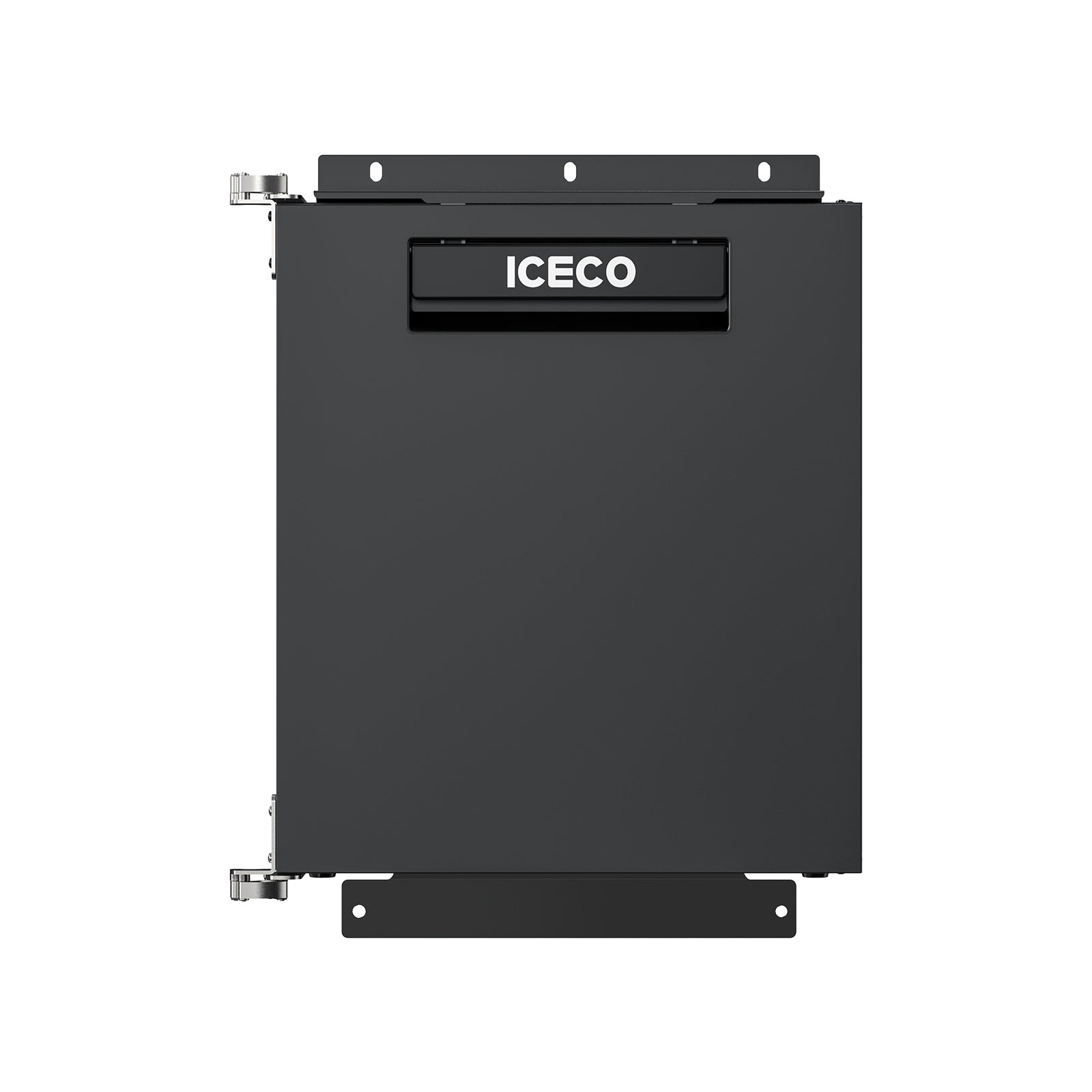 A black ICECO Wholesale portable refrigerator, with a rectangular design and sturdy metal hinges on the left, is ideal for RVs. It features the brand name on the front and a flat bottom base, powered by a reliable SECOP Compressor.