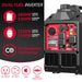 A portable PowerSmart dual fuel inverter generator with a close-up of its control panel. Highlights include 3800W surge, 3300W running watts, CO shutdown tech, quiet operation, and a digital control center for ease of use.