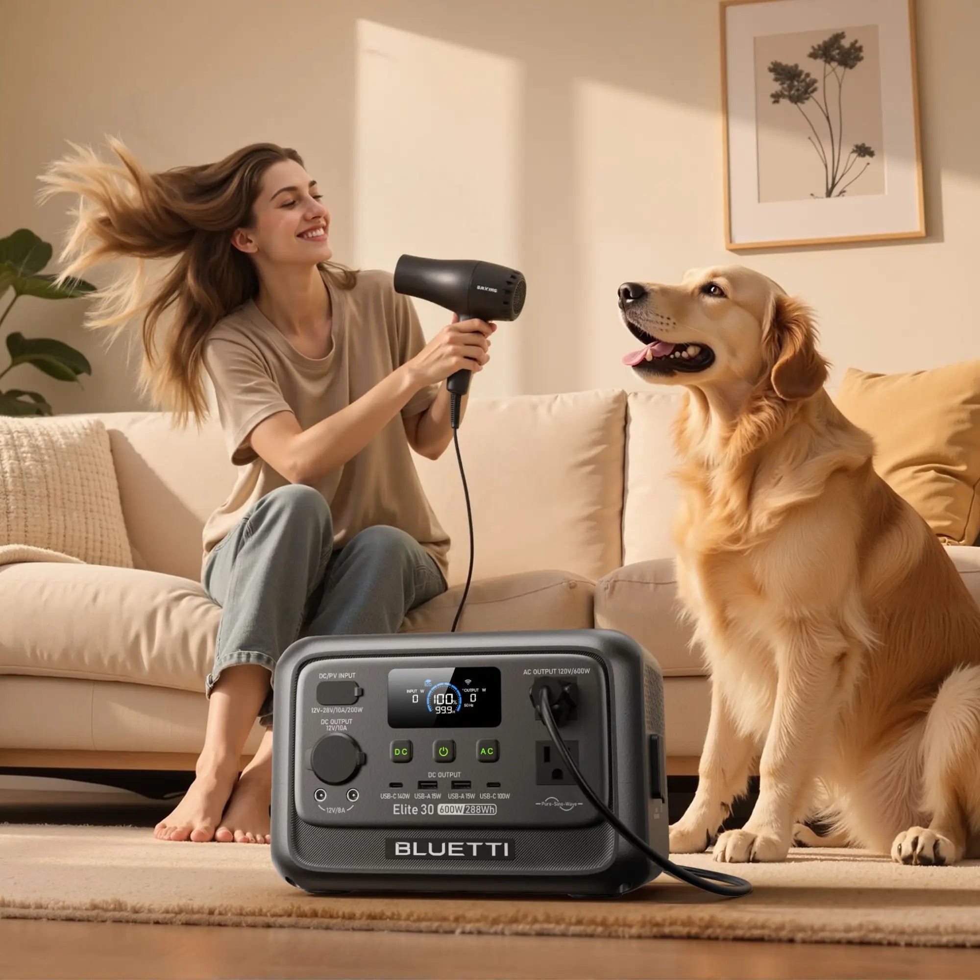 A woman sits on a sofa using a hair dryer on a golden retriever. The hair dryer is plugged into a Bluetti portable power station, which rests on a rug in front of them. A plant and framed art are visible in the background.