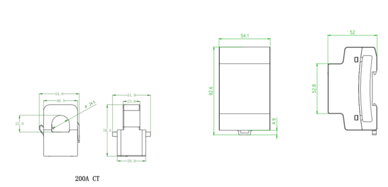 Technical drawing of a Bluetti 200A CT device, displaying three views—front, side, and top—with labeled dimensions in millimeters: width 54.1 mm, height 92.6 mm, and depth 52 mm.