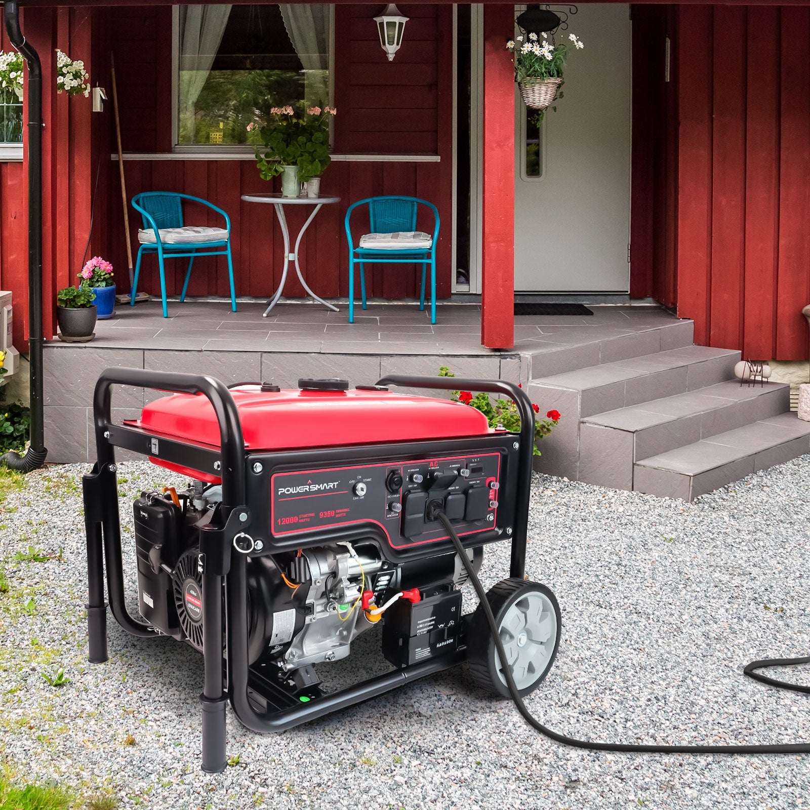 A PowerSmart 12000 watt portable generator with a red top is running on gravel in front of a red house, which has gray steps, a white door, and a patio set with two blue chairs and a round table.