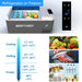 Image of an ACOPOWER portable refrigerator with smart APP control and multiple cooling modes: Cooling (1°C-6°C), Chilling (-3°C-3°C), Frozen (-10°C to -3°C), and a deep-freeze option (-20°C). Display shows -2°C. Variety of foods such as fruits and fish are depicted. Features include a rechargeable battery for added convenience.