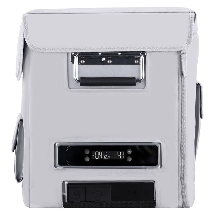 The ICECO Wholesale APL35 Portable Refrigerator is a gray, rectangular unit with a digital temperature display. It has a convenient handle, charging ports at the bottom, offers thermal protection, and comes with an insulated cover for optimal cooling efficiency.