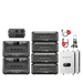 A collection of Bluetti power storage devices, cables, two white solar inverters, a black cart, and two cable sets marked with red “x2” labels, all displayed against a white background.