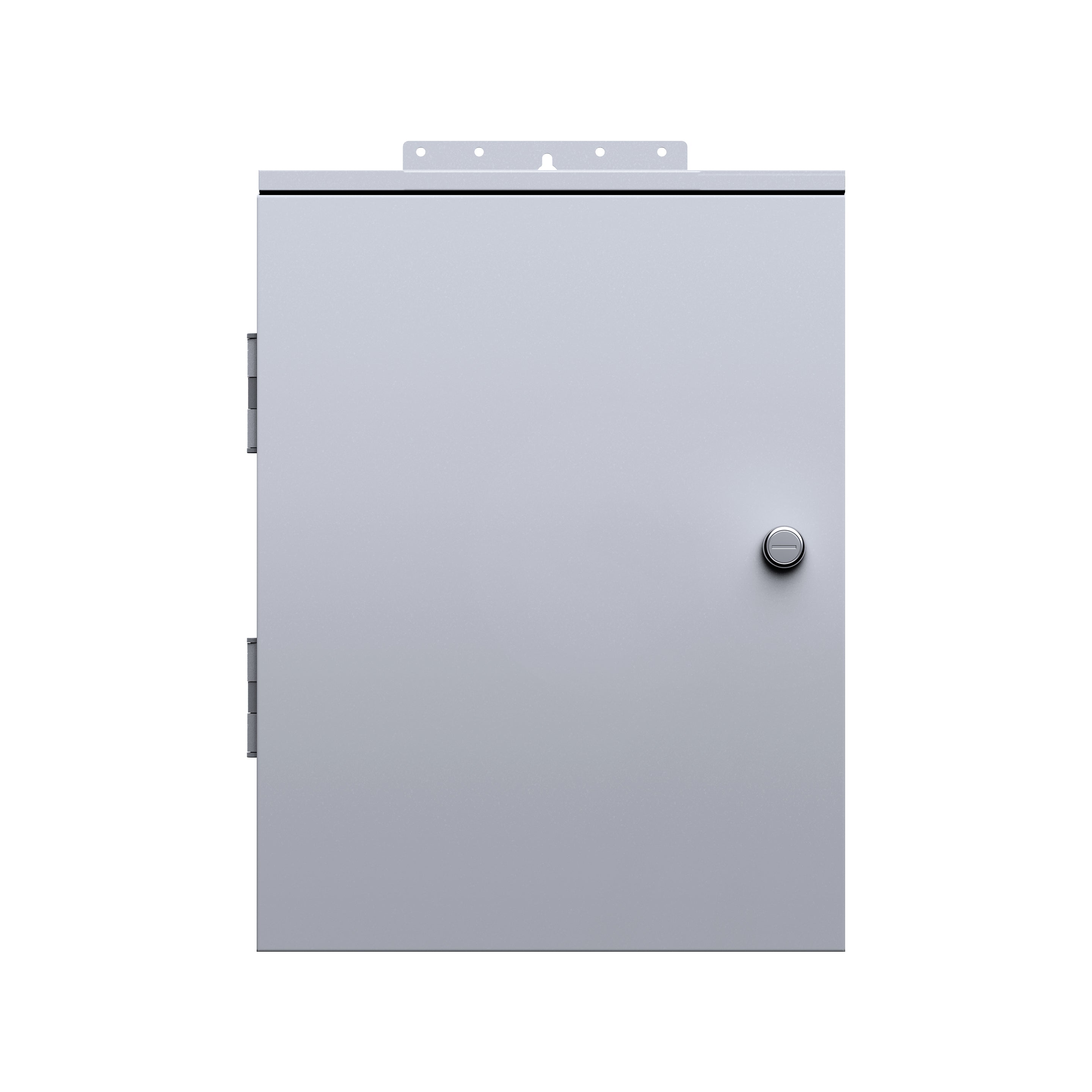 A closed, gray Bluetti metal cabinet featuring a central round knob, visible side hinges on the left, and a flat mounting bracket on top, set against a white background.