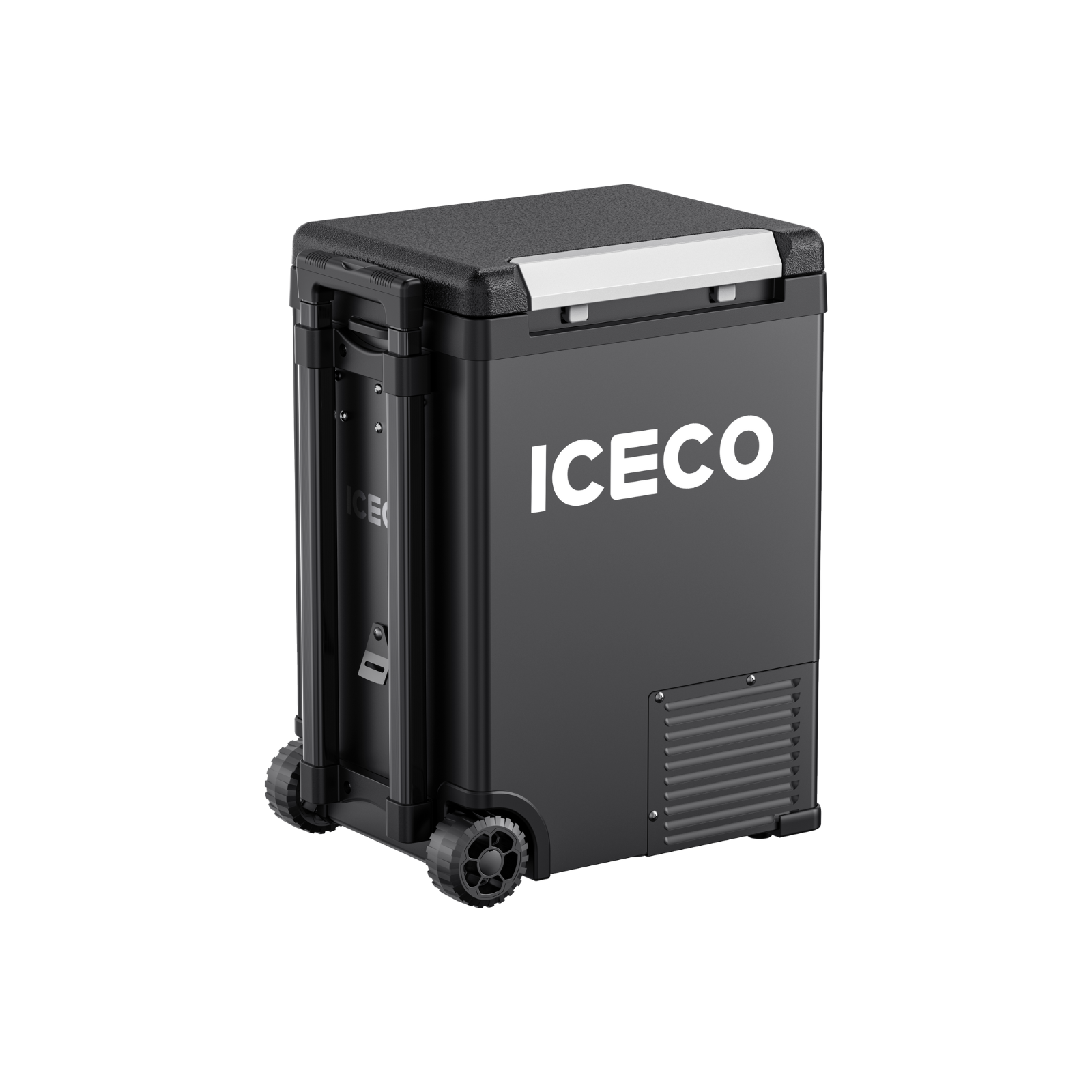 A black ICECO Wholesale portable refrigerator with wheels and handle doubles as a 12V freezer—ideal for pickup trucks. It has a vent, front latch, and the ICECO Wholesale logo in bold white letters on the side.