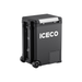 A black ICECO Wholesale portable refrigerator with wheels and handle doubles as a 12V freezer—ideal for pickup trucks. It has a vent, front latch, and the ICECO Wholesale logo in bold white letters on the side.