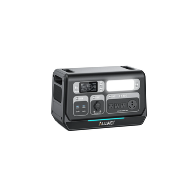 The ALLWEI US portable power station features a LiFePO4 battery, display screen, USB/DC/AC/ECO ports, and a sleek black and gray rectangular design—making it an ideal solar generator for reliable power on the go.