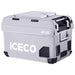 The ICECO Wholesale APL55 Portable Refrigerator is a spacious gray cooler made from waterproof material, features an insulated cover, side handles for easy transport, and a digital control panel on one end for accurate temperature control.