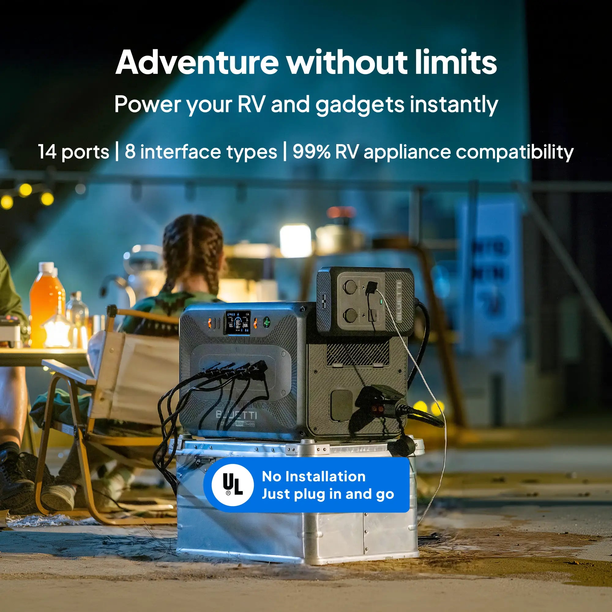 A Bluetti portable power station with cables plugged in sits on a metal box outdoors near an RV, while a woman is seated in the background. Text highlights its features: 14 ports, 8 interface types, 99% RV compatibility, and easy installation.