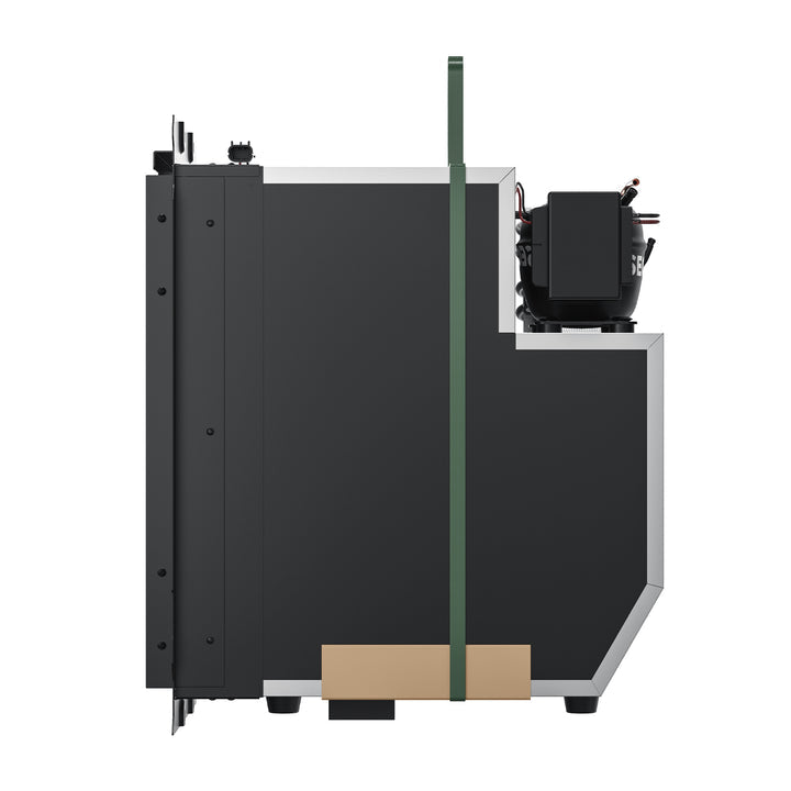 A side view of a dark gray, boxy ICECO Wholesale industrial DC compressor features a vertical green strap, perfect for truck freezers. A black rectangular unit is attached to the upper right, with a brown rectangular element at the bottom.