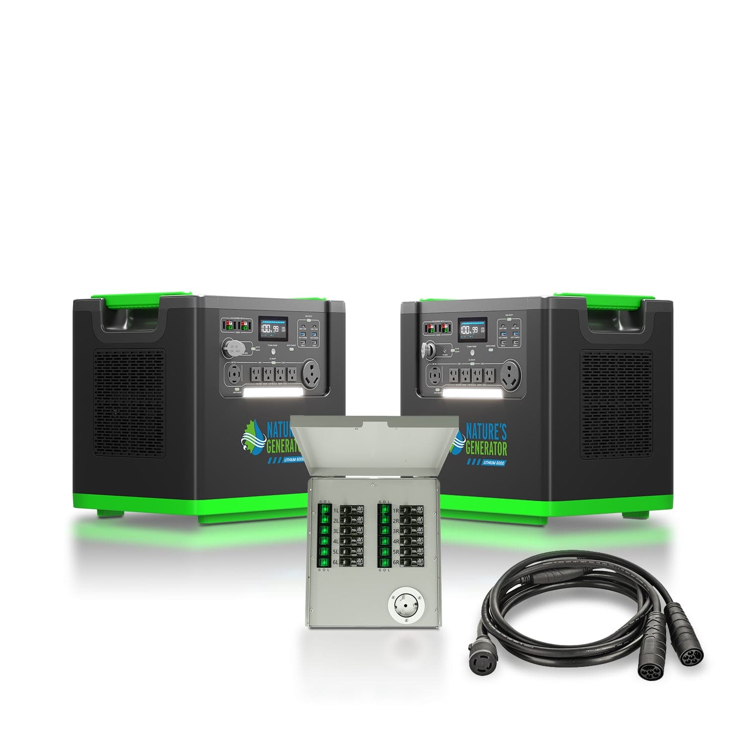 Two black and green Nature's Generator portable units with LiFePO4 batteries are displayed side by side with a gray fuse box panel and a black power cable, ideal as home backup generators against a white background.