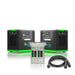 Two black and green Nature's Generator portable units with LiFePO4 batteries are displayed side by side with a gray fuse box panel and a black power cable, ideal as home backup generators against a white background.