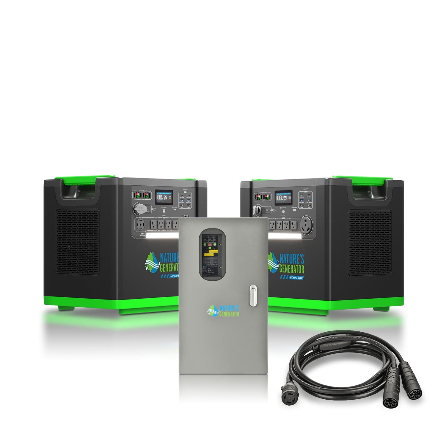 Two Nature's Generator black and green portable power stations with LiFePO4 batteries, a gray electrical panel, and a black power cable are displayed on a white background.