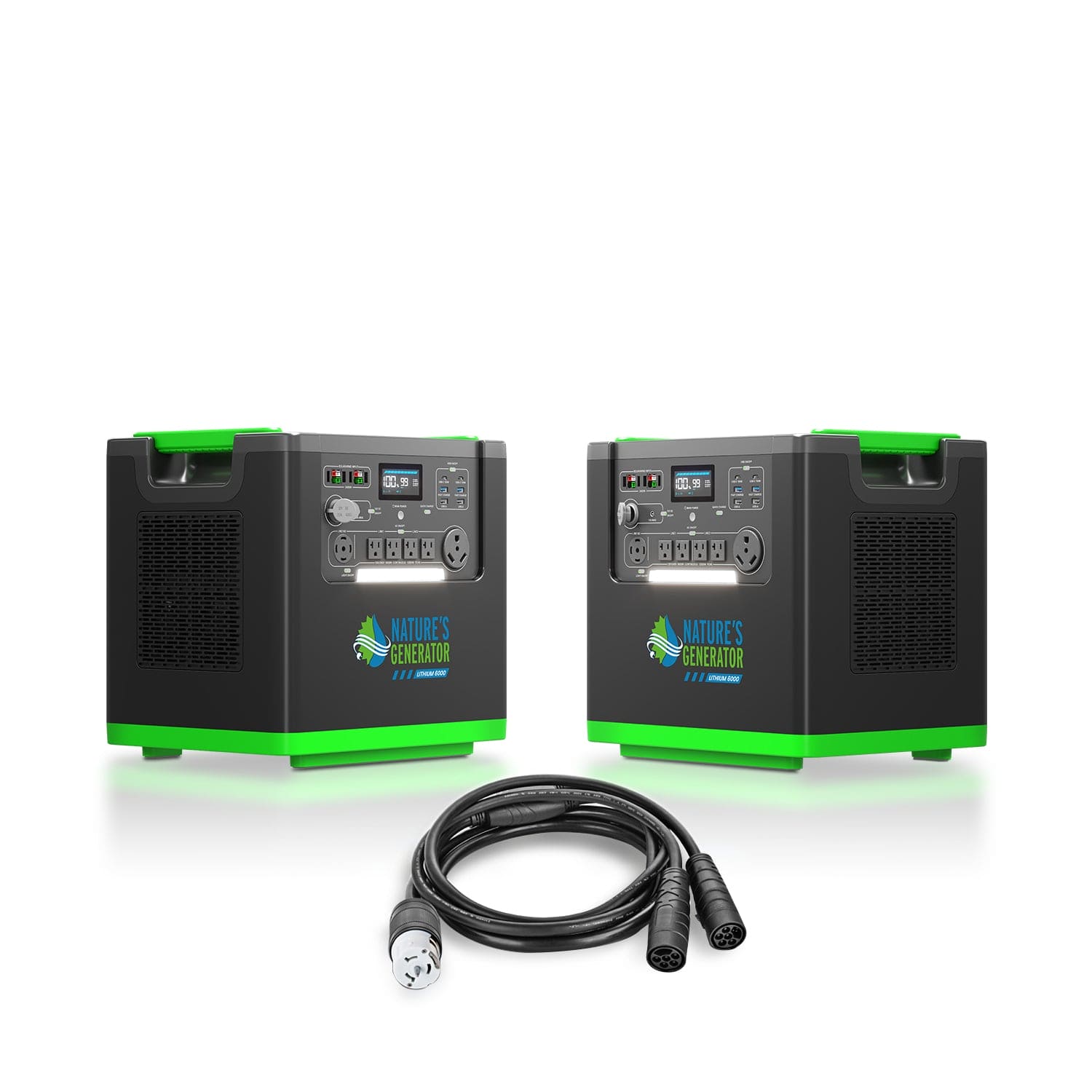 Two black and green Nature's Generator portable power stations with LiFePO4 batteries, multiple outlets, and display panels are side by side, with a three-connector power cable placed in front of them on a white background.
